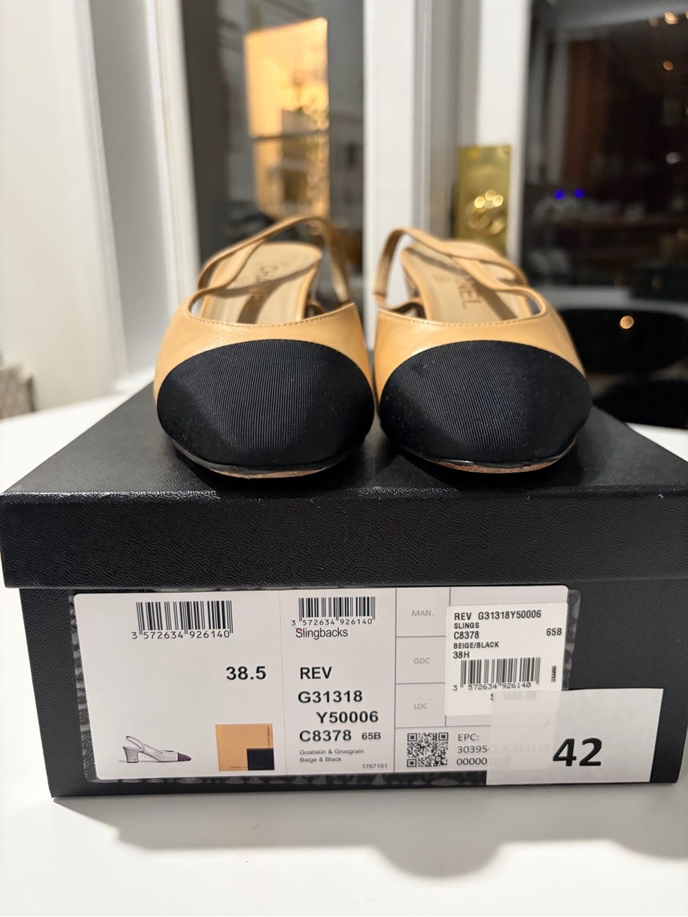 CHANEL Beige and Black Slingback Flats